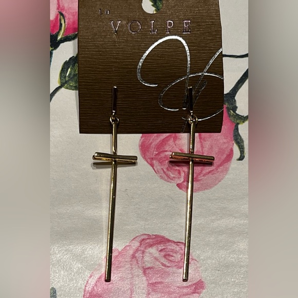 New La Volpe 2.5” Gold Tone Dangling Cross Shape Earrings - Picture 7 of 10